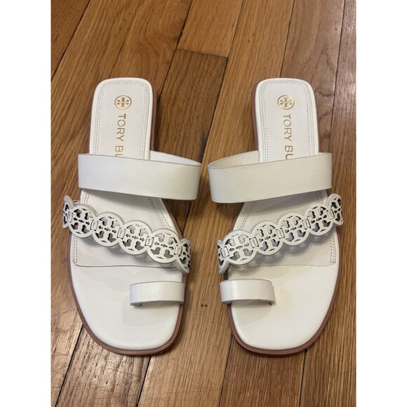 Tory Burch Tiny Miller Toe Ring Leather Sandal Ivory White Size 8.5 Logo - Picture 2 of 16